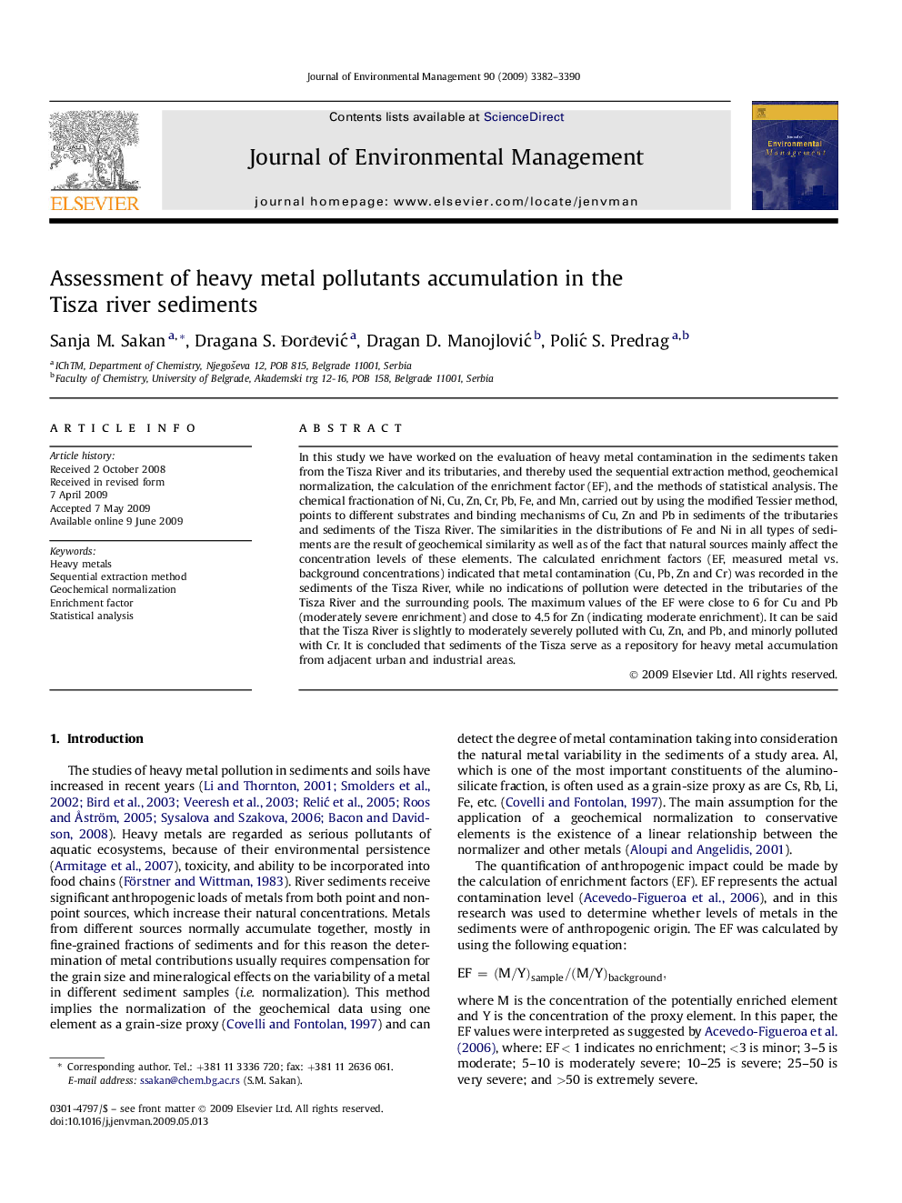 Assessment of heavy metal pollutants accumulation in the Tisza river sediments