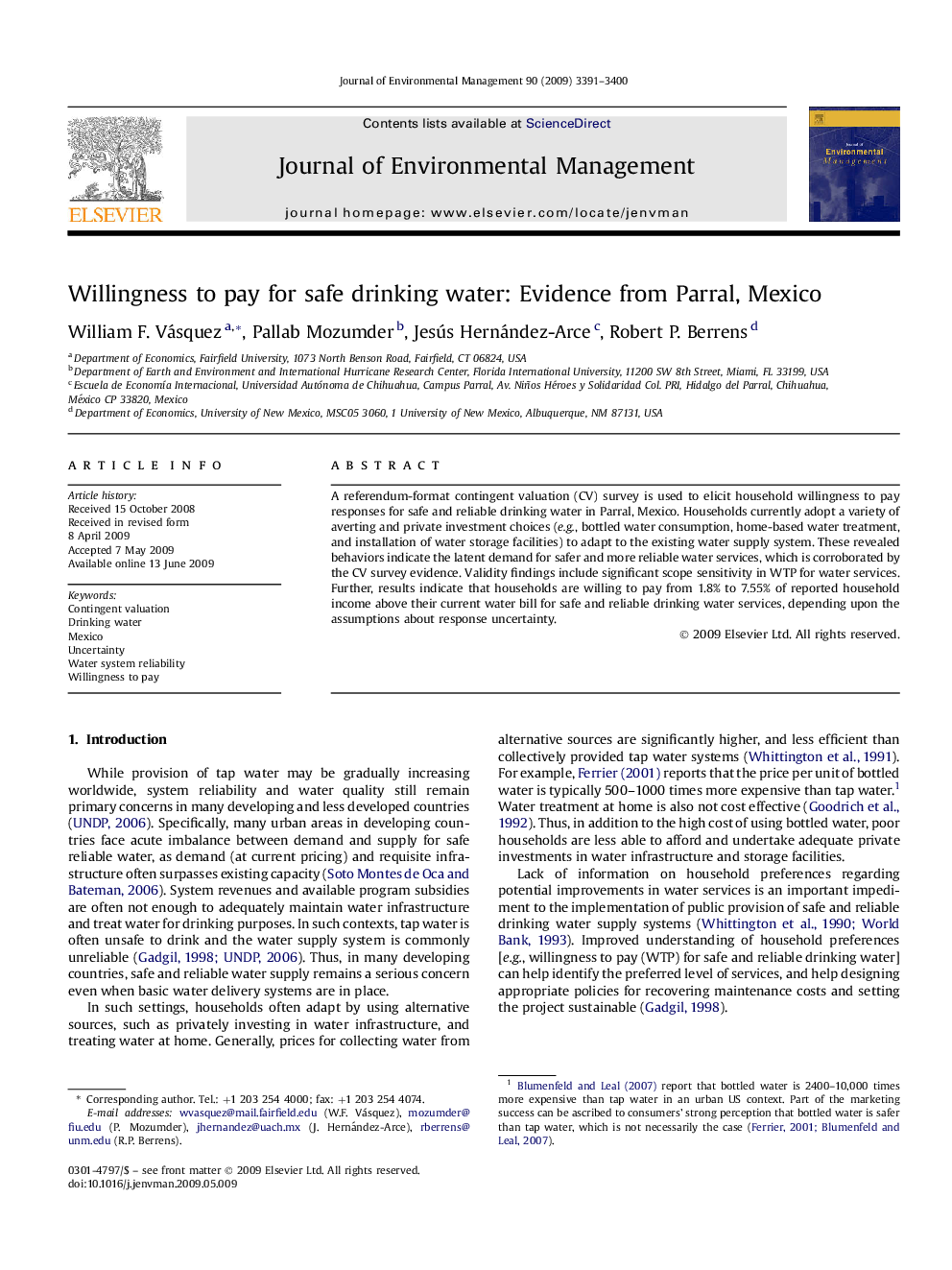 Willingness to pay for safe drinking water: Evidence from Parral, Mexico