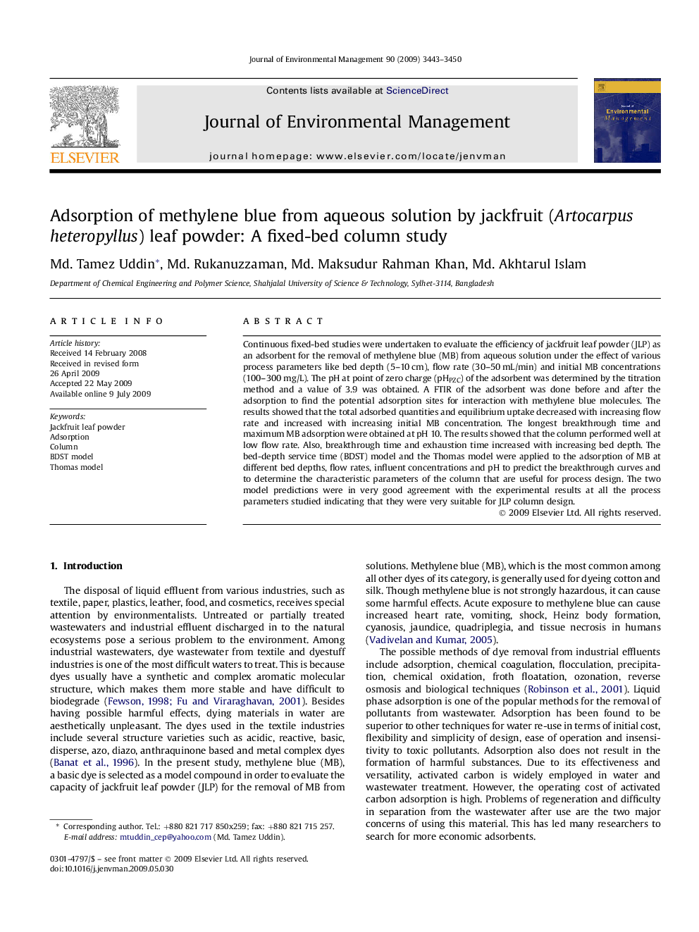 Adsorption of methylene blue from aqueous solution by jackfruit (Artocarpus heteropyllus) leaf powder: A fixed-bed column study