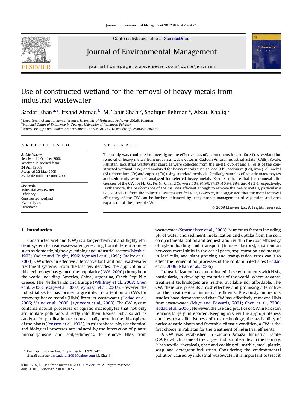 Use of constructed wetland for the removal of heavy metals from industrial wastewater