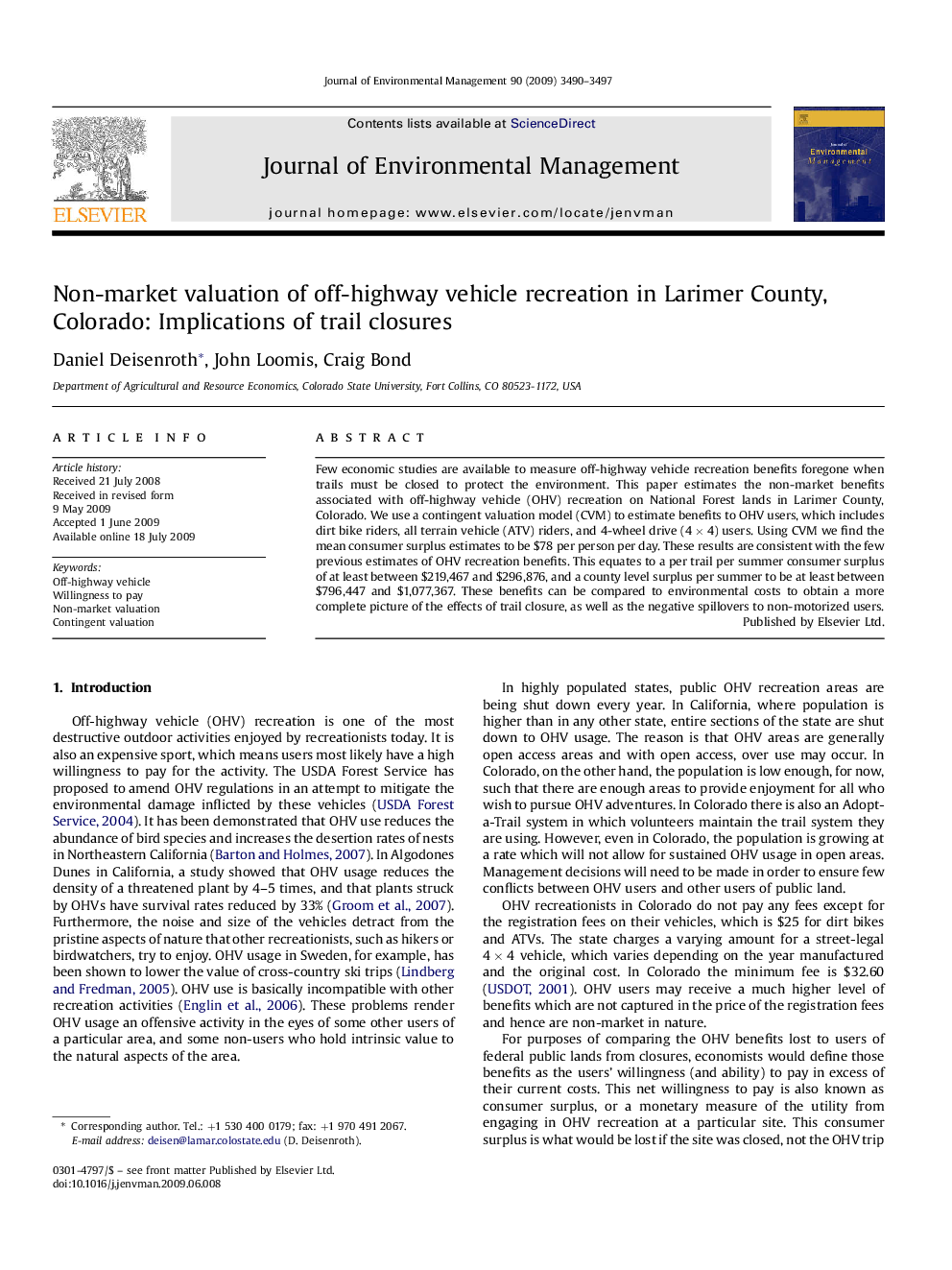 Non-market valuation of off-highway vehicle recreation in Larimer County, Colorado: Implications of trail closures