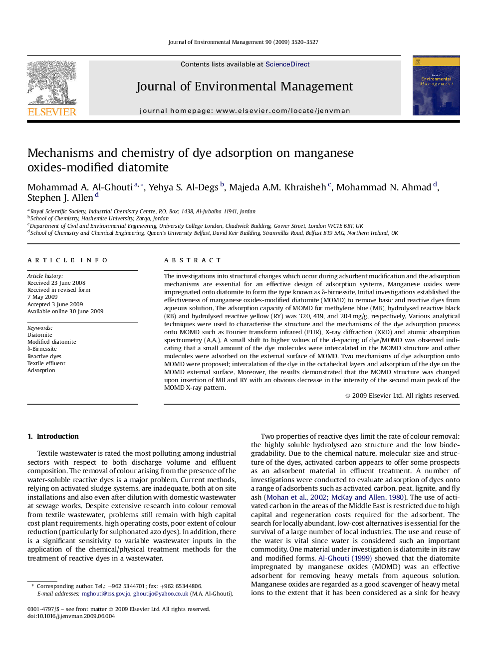 Mechanisms and chemistry of dye adsorption on manganese oxides-modified diatomite