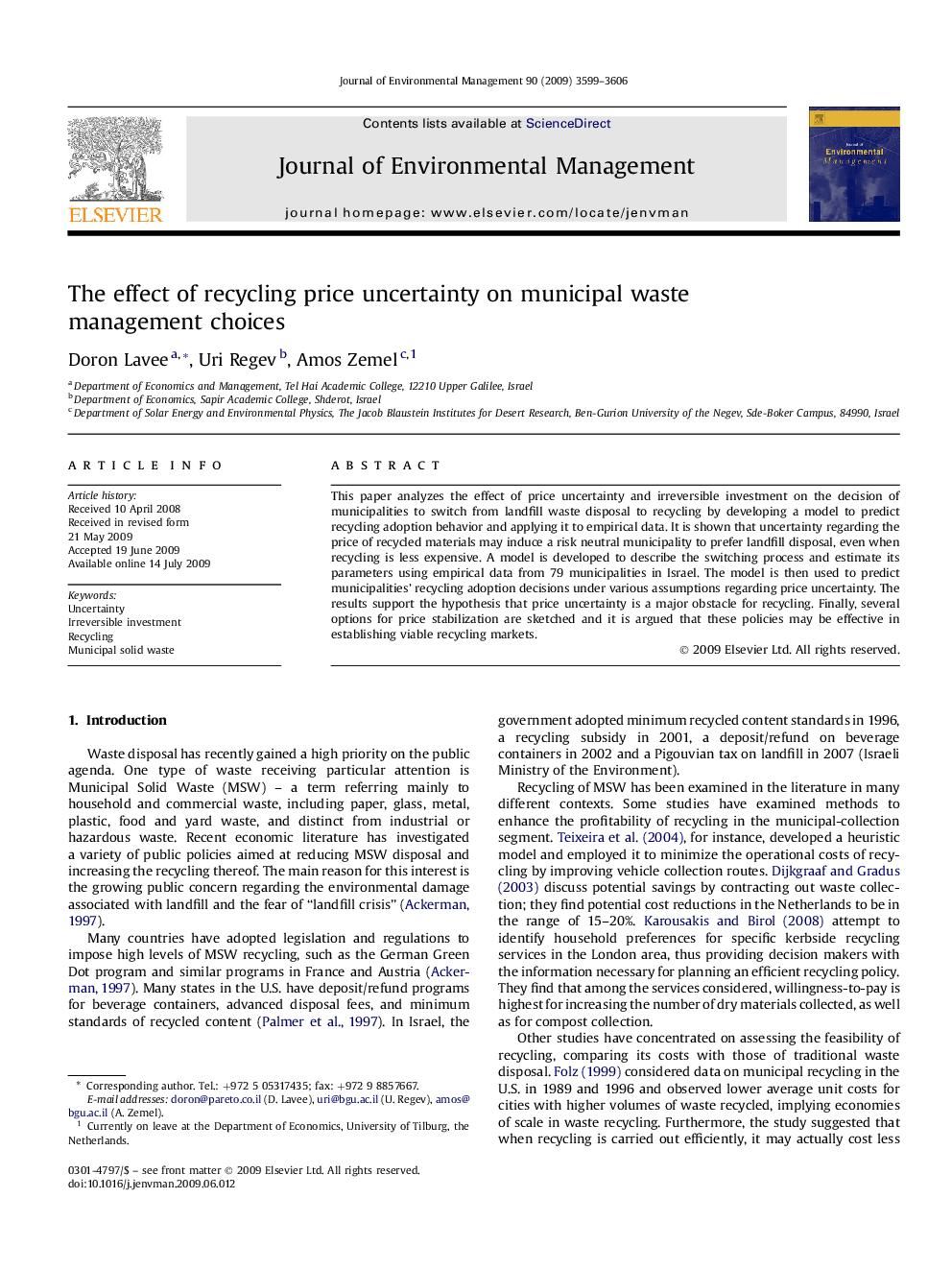 The effect of recycling price uncertainty on municipal waste management choices