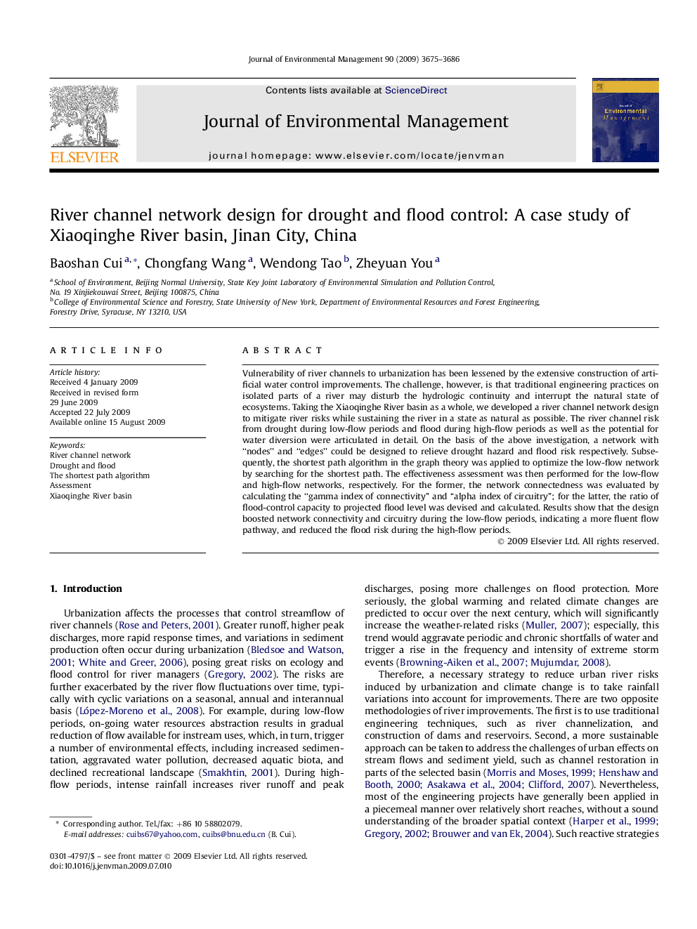 River channel network design for drought and flood control: A case study of Xiaoqinghe River basin, Jinan City, China