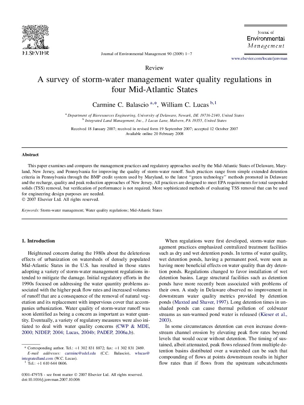 A survey of storm-water management water quality regulations in four Mid-Atlantic States