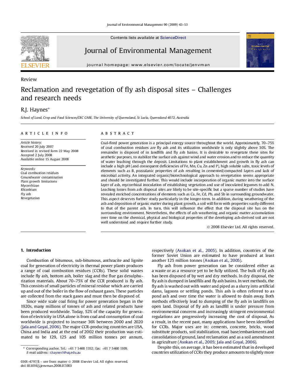 Reclamation and revegetation of fly ash disposal sites – Challenges and research needs