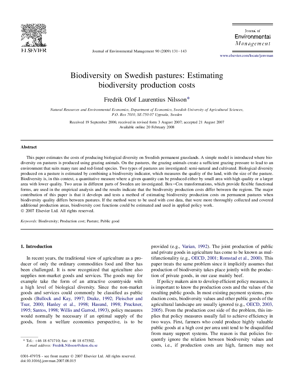 Biodiversity on Swedish pastures: Estimating biodiversity production costs