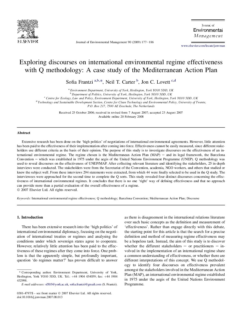 Exploring discourses on international environmental regime effectiveness with Q methodology: A case study of the Mediterranean Action Plan