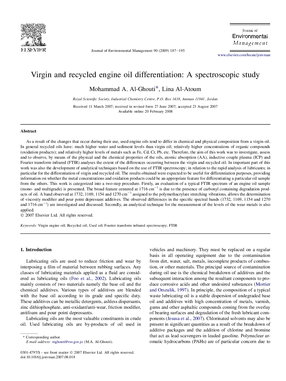 Virgin and recycled engine oil differentiation: A spectroscopic study