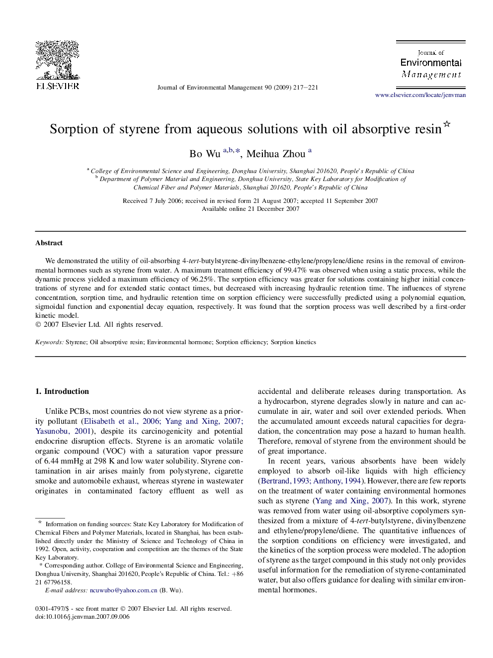 Sorption of styrene from aqueous solutions with oil absorptive resin 