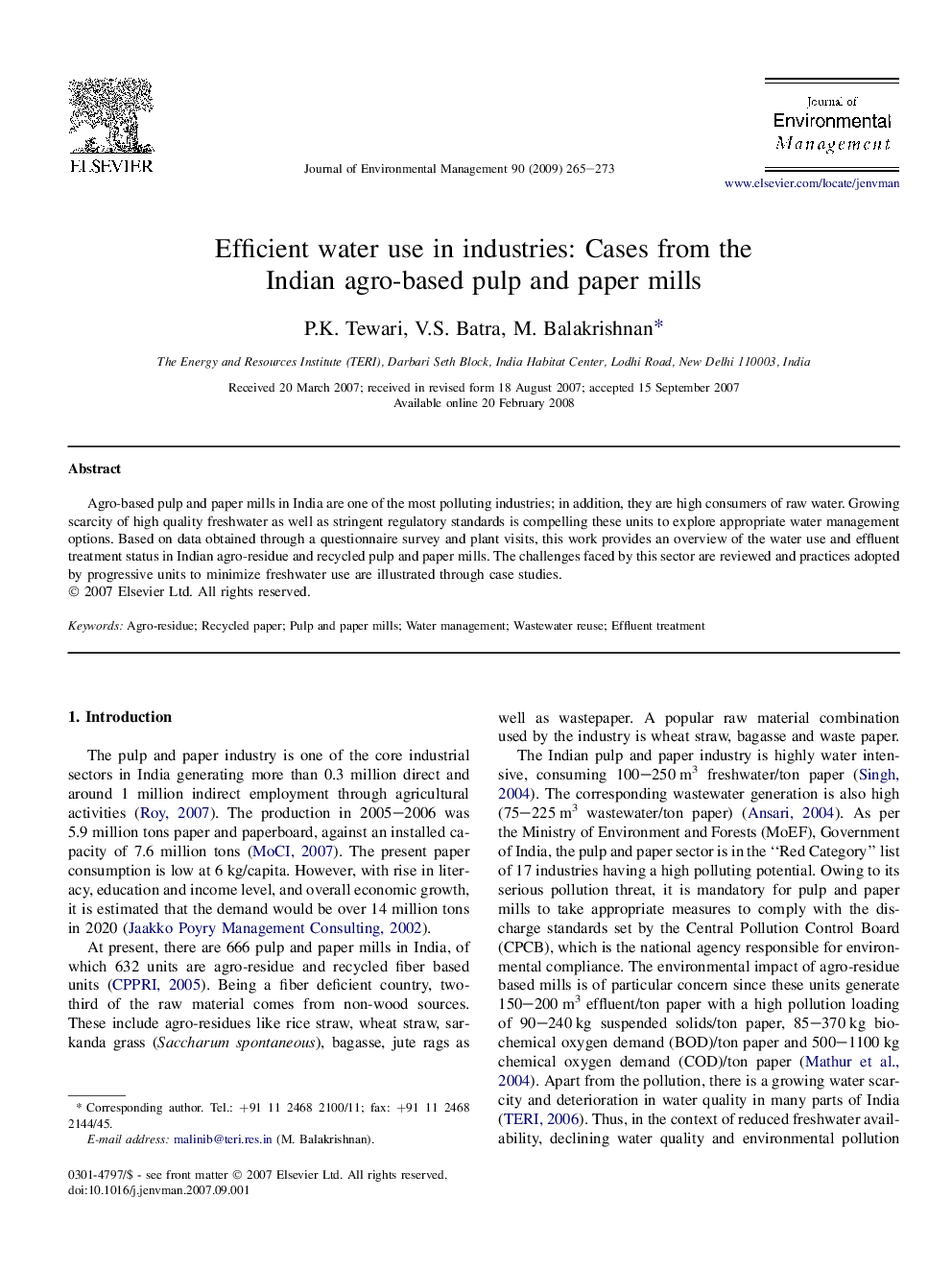 Efficient water use in industries: Cases from the Indian agro-based pulp and paper mills