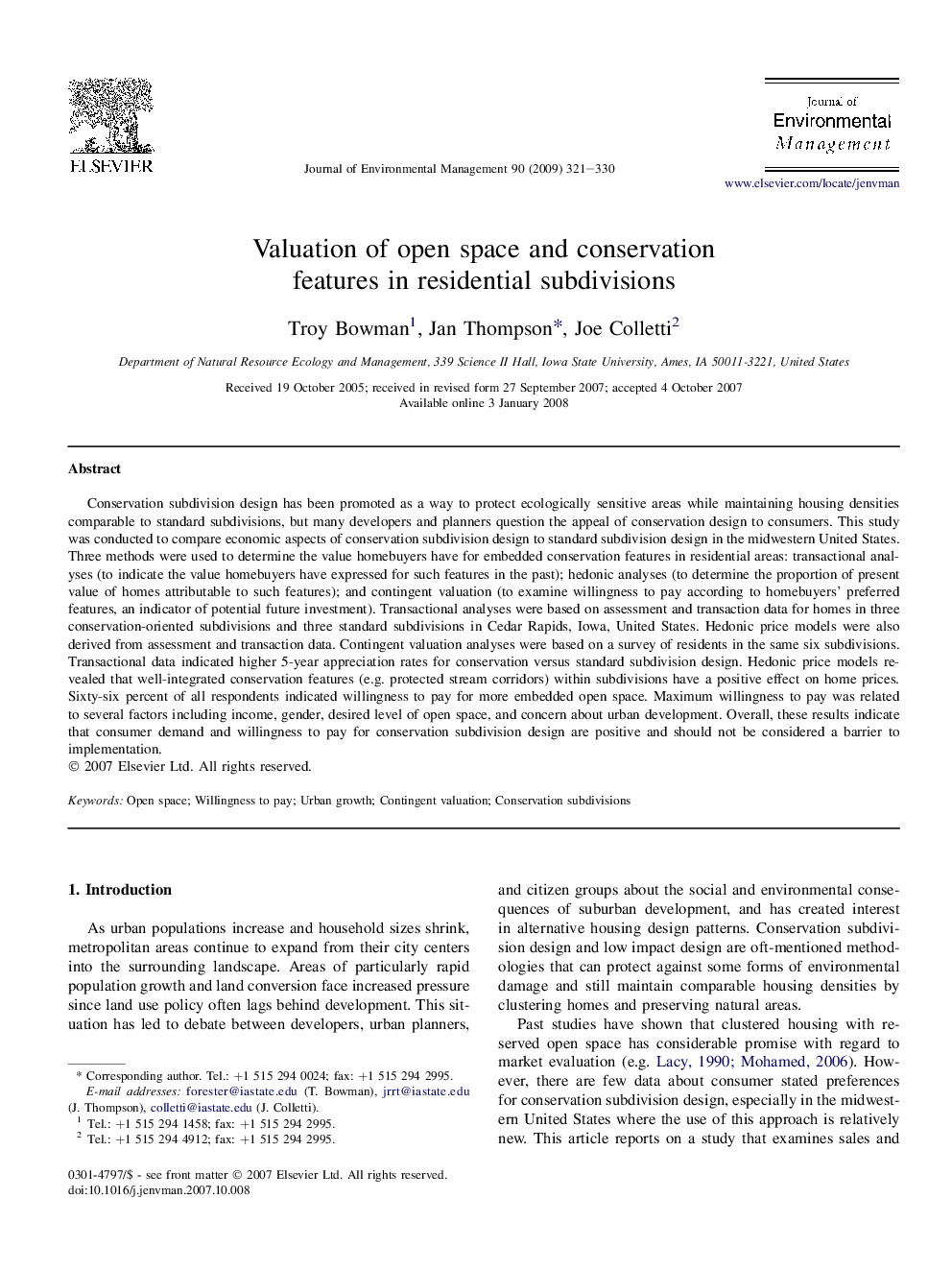 Valuation of open space and conservation features in residential subdivisions