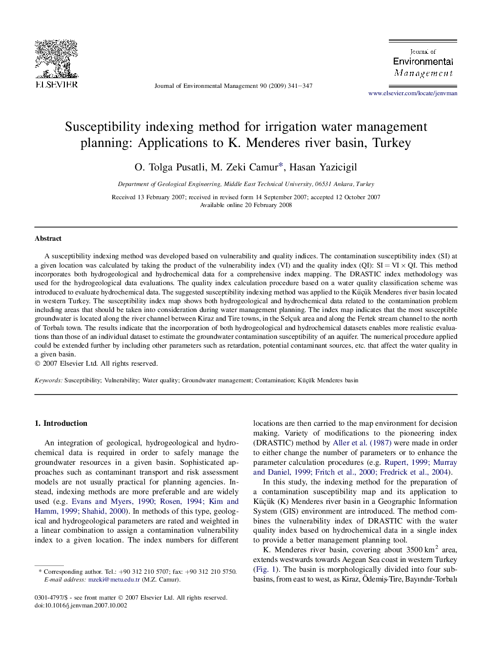 Susceptibility indexing method for irrigation water management planning: Applications to K. Menderes river basin, Turkey