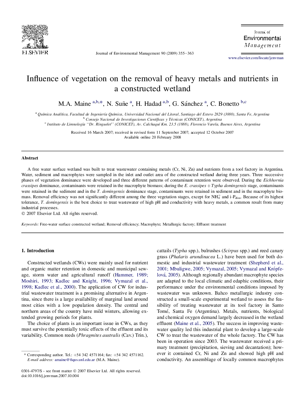 Influence of vegetation on the removal of heavy metals and nutrients in a constructed wetland