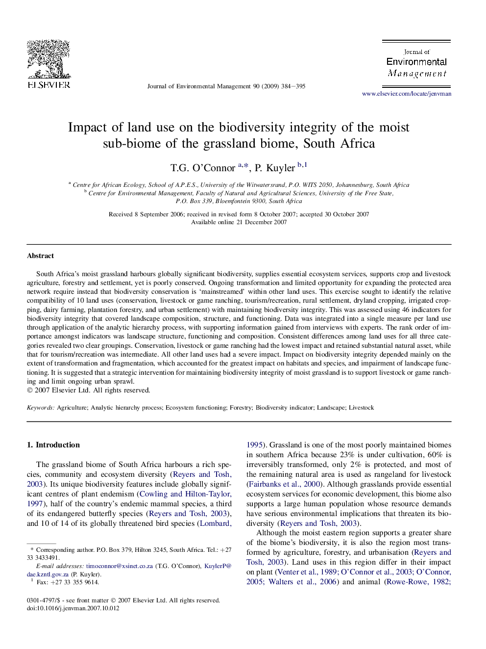 Impact of land use on the biodiversity integrity of the moist sub-biome of the grassland biome, South Africa