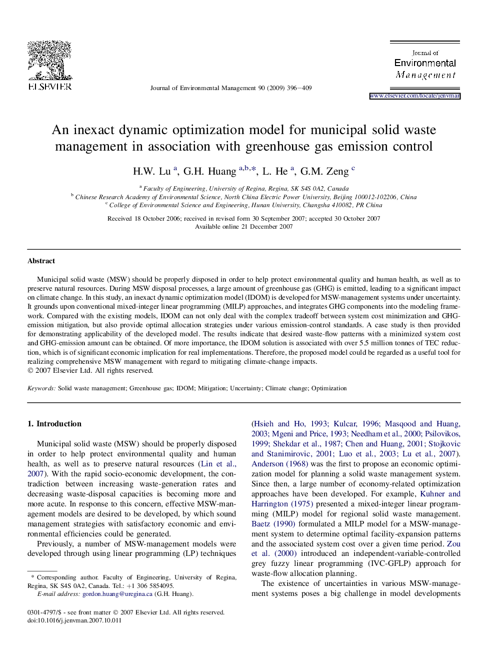 An inexact dynamic optimization model for municipal solid waste management in association with greenhouse gas emission control