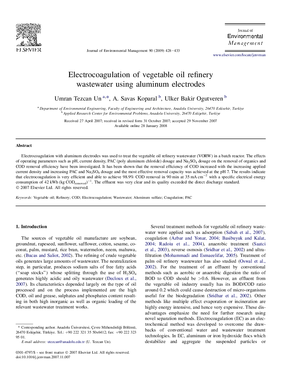 Electrocoagulation of vegetable oil refinery wastewater using aluminum electrodes