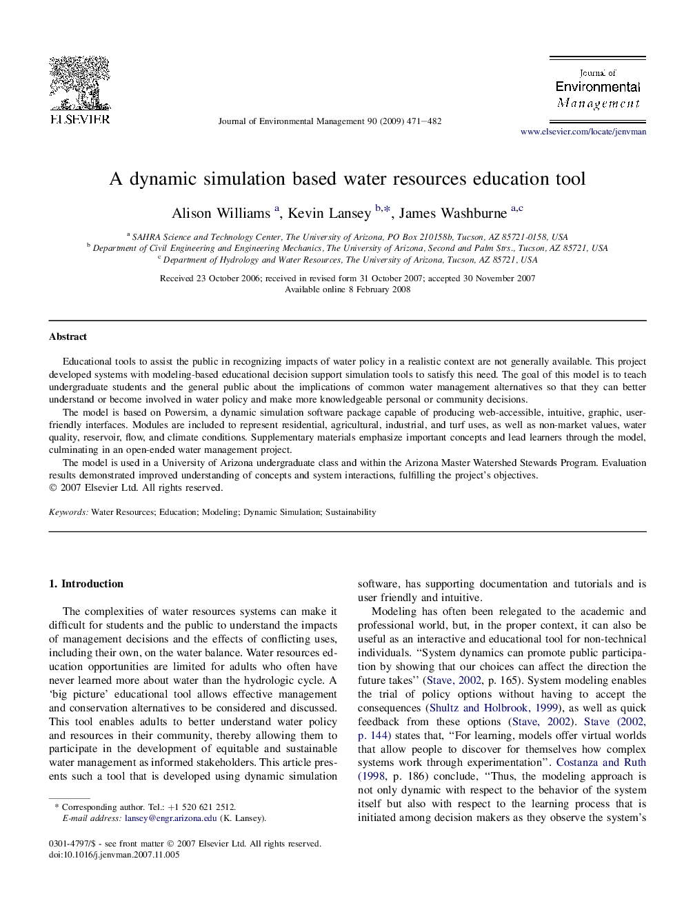 A dynamic simulation based water resources education tool