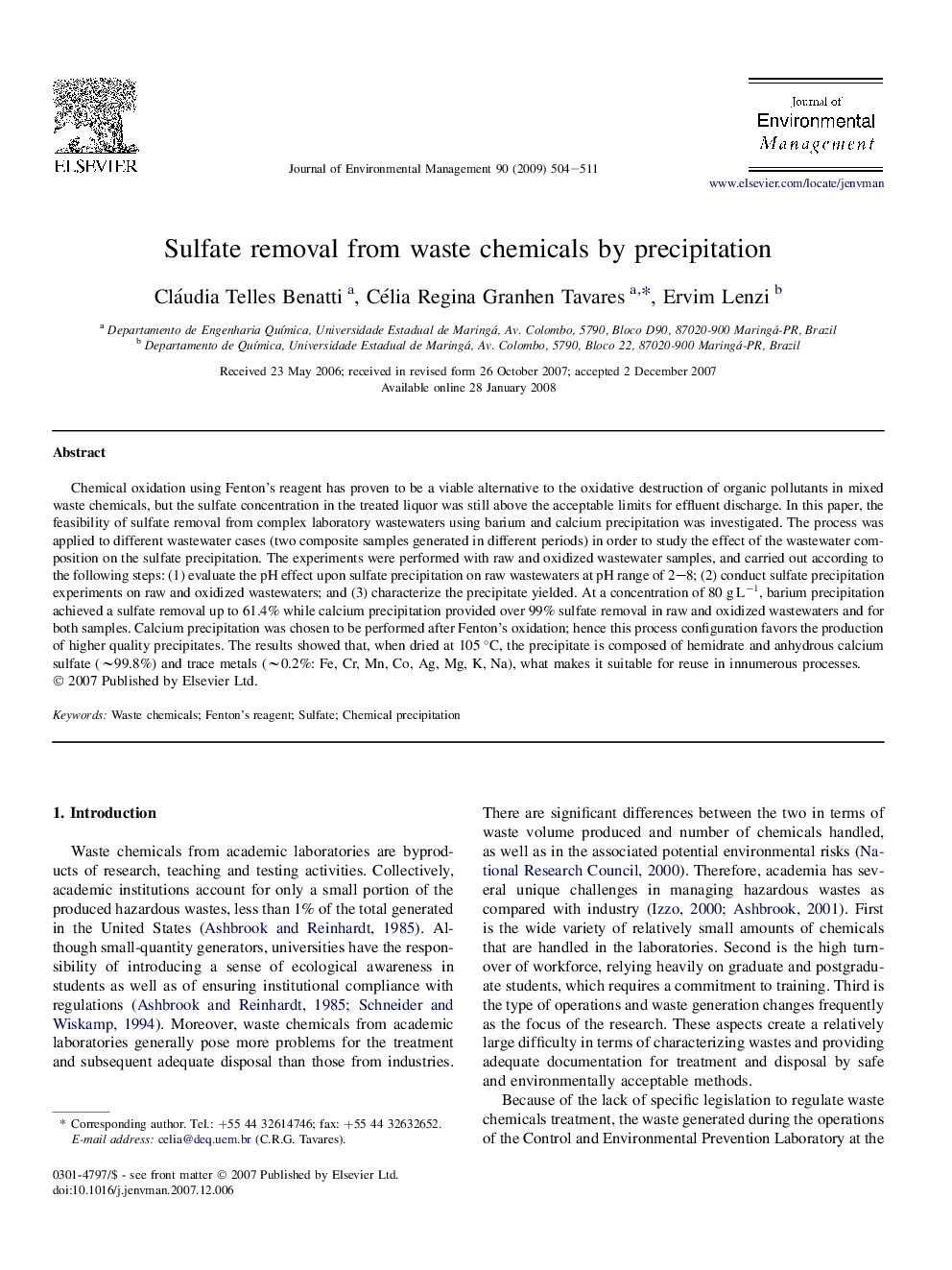 Sulfate removal from waste chemicals by precipitation