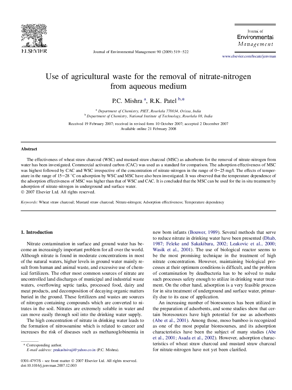 Use of agricultural waste for the removal of nitrate-nitrogen from aqueous medium