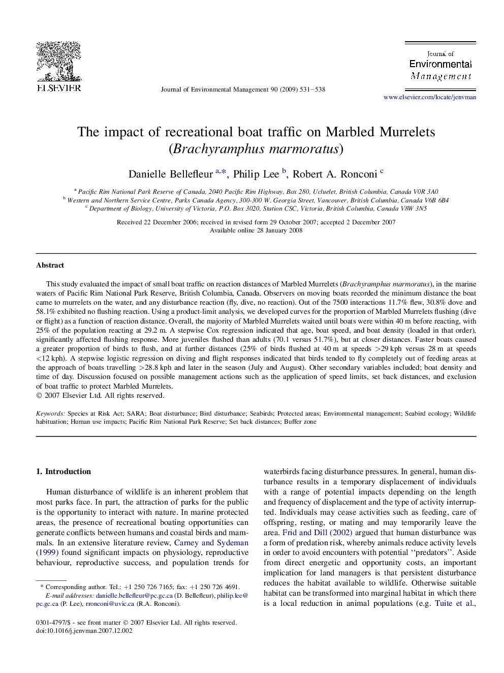 The impact of recreational boat traffic on Marbled Murrelets (Brachyramphus marmoratus)