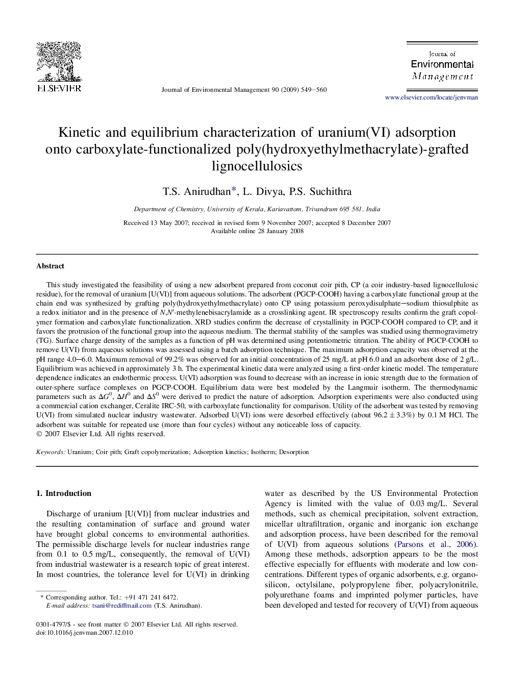 Kinetic and equilibrium characterization of uranium(VI) adsorption onto carboxylate-functionalized poly(hydroxyethylmethacrylate)-grafted lignocellulosics