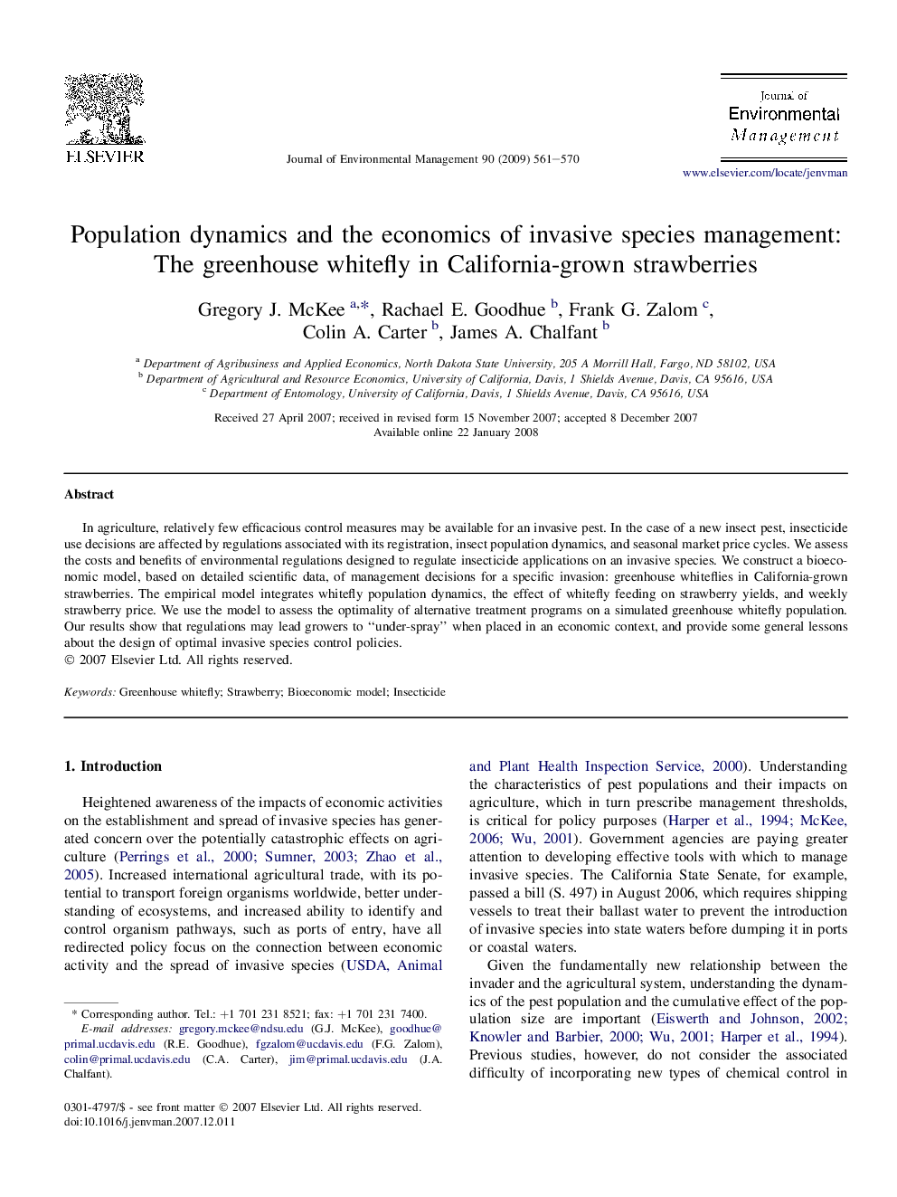 Population dynamics and the economics of invasive species management: The greenhouse whitefly in California-grown strawberries