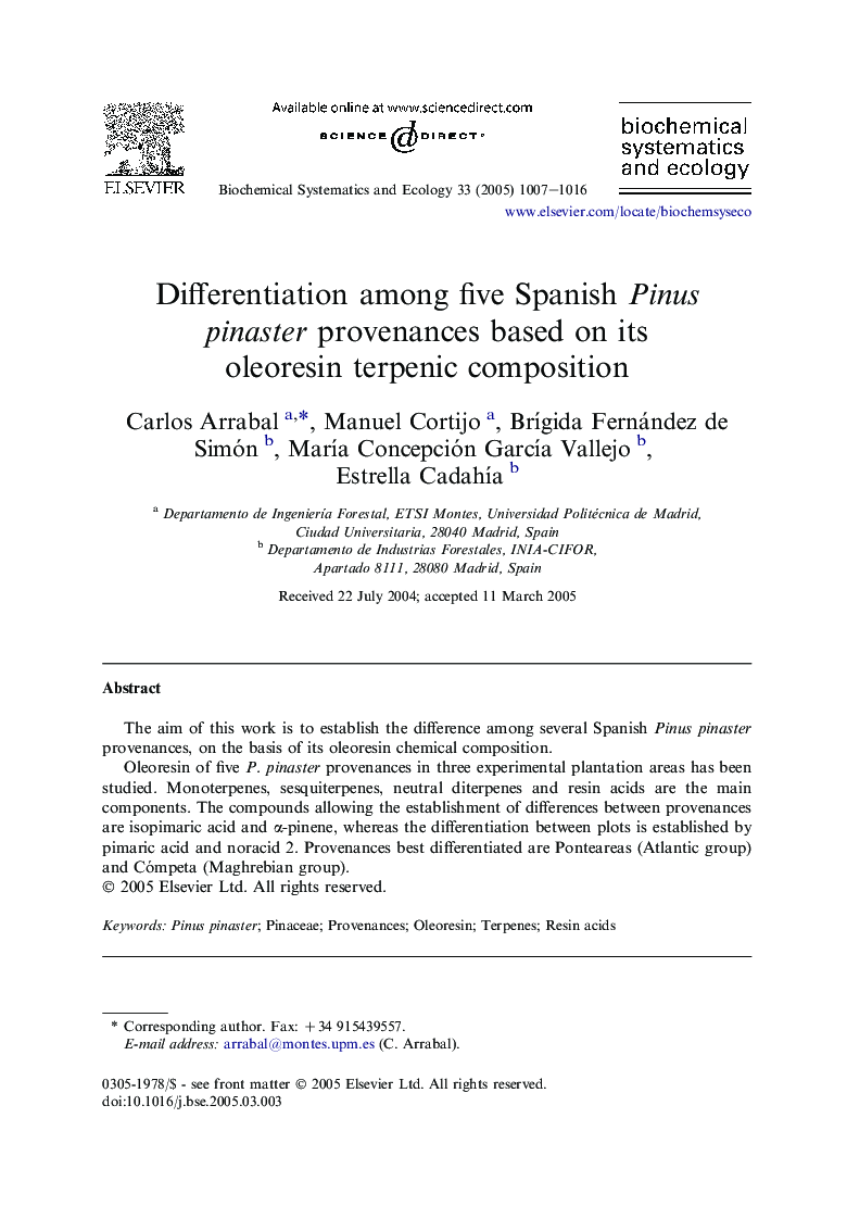 Differentiation among five Spanish Pinus pinaster provenances based on its oleoresin terpenic composition