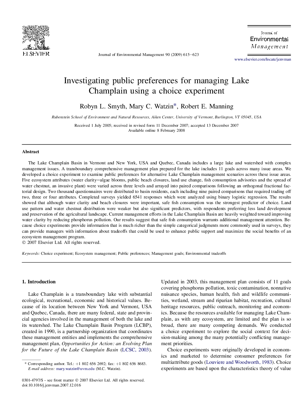 Investigating public preferences for managing Lake Champlain using a choice experiment