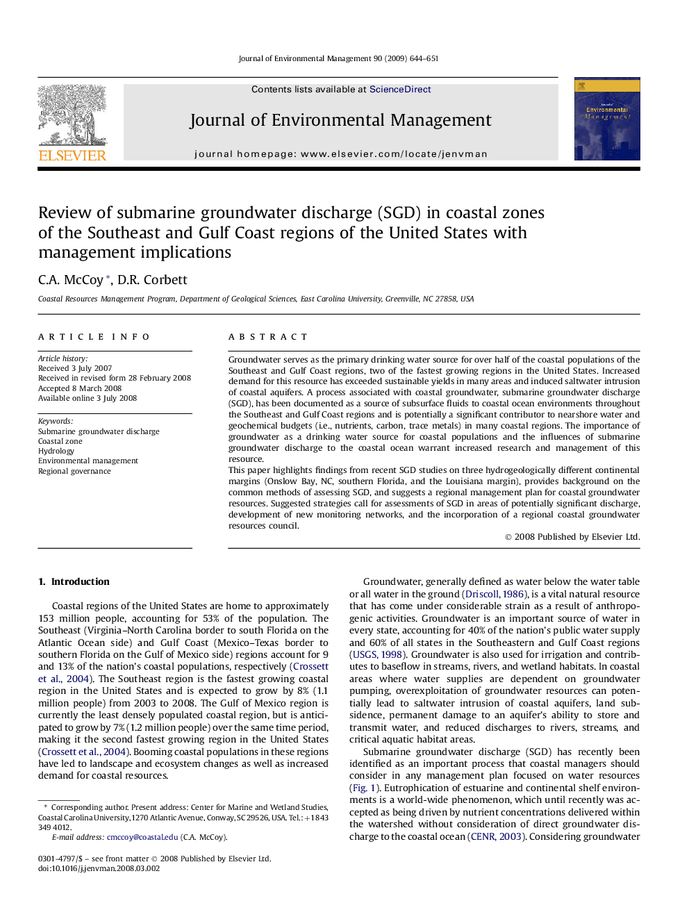 Review of submarine groundwater discharge (SGD) in coastal zones of the Southeast and Gulf Coast regions of the United States with management implications