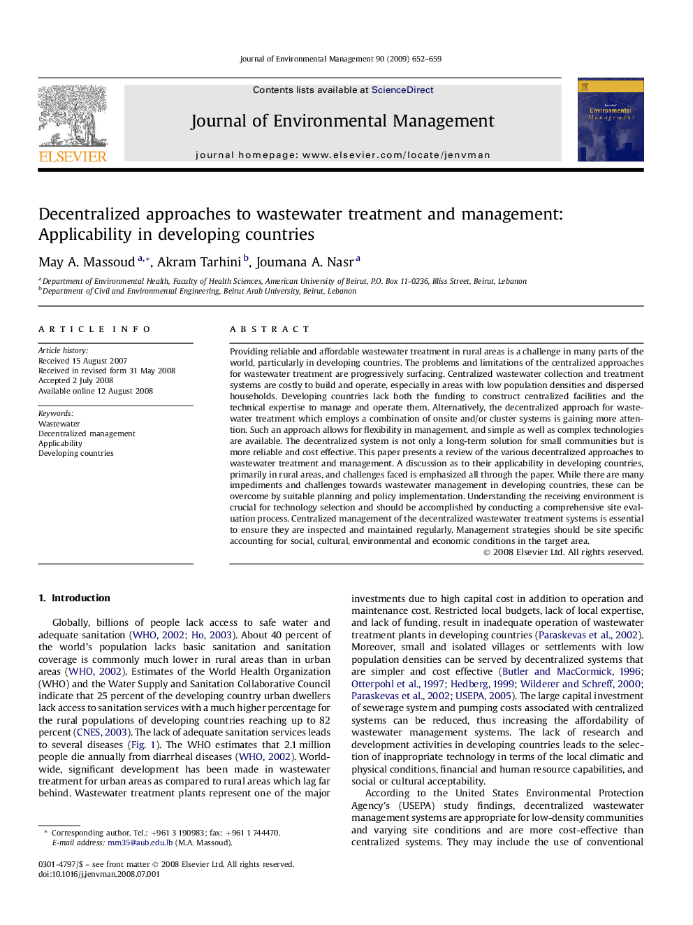 Decentralized approaches to wastewater treatment and management: Applicability in developing countries