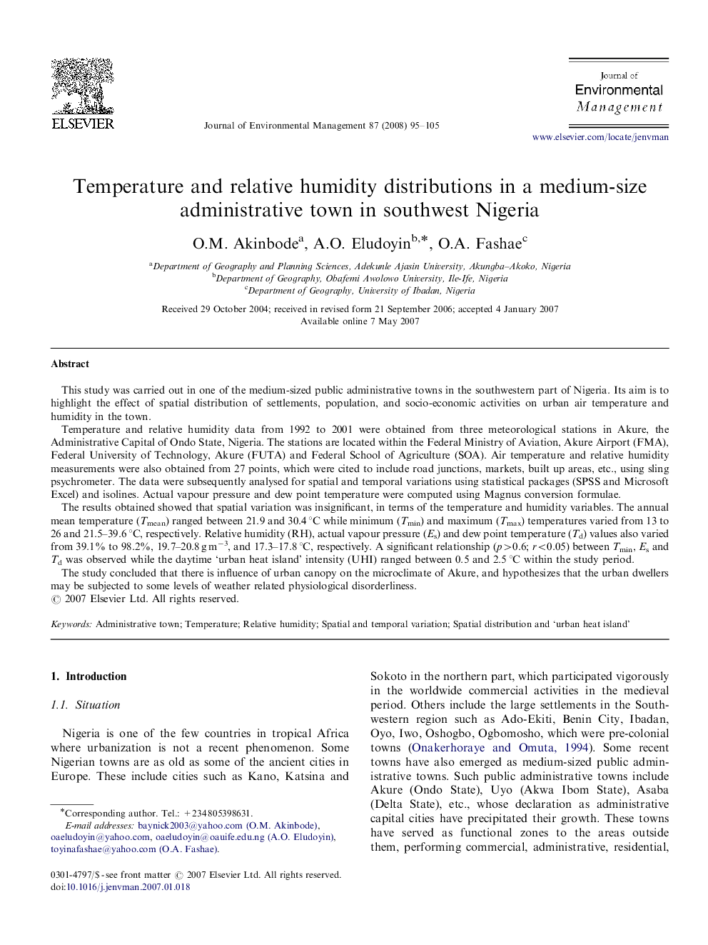 Temperature and relative humidity distributions in a medium-size administrative town in southwest Nigeria