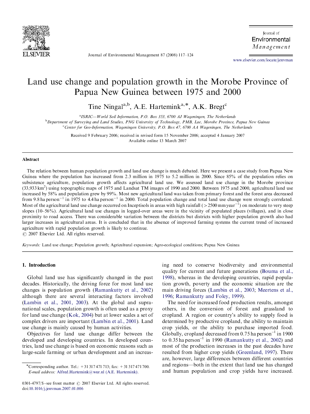 Land use change and population growth in the Morobe Province of Papua New Guinea between 1975 and 2000