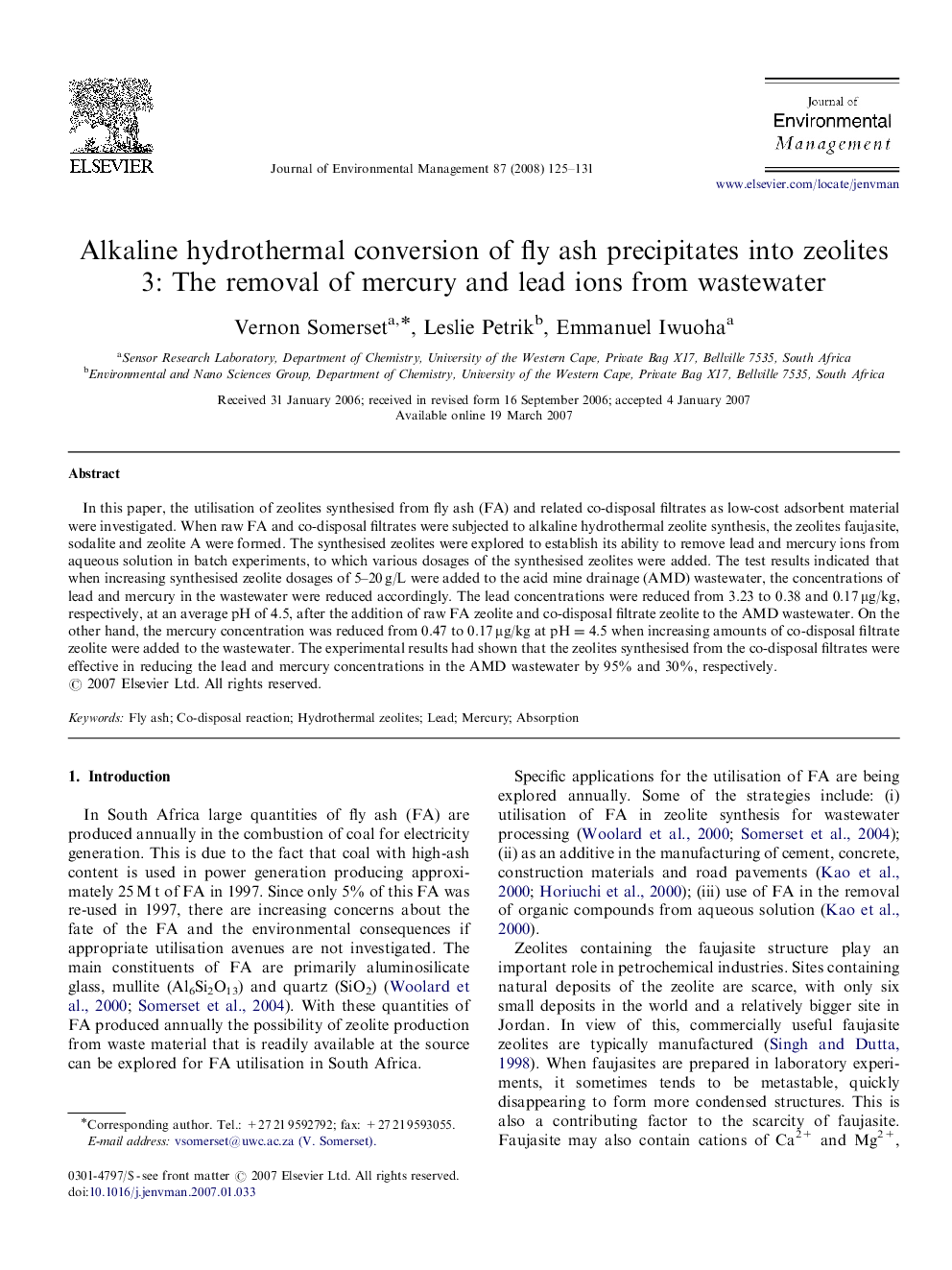 Alkaline hydrothermal conversion of fly ash precipitates into zeolites 3: The removal of mercury and lead ions from wastewater