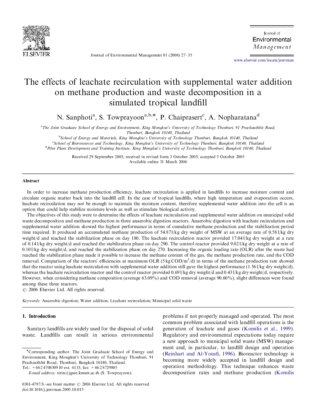 The effects of leachate recirculation with supplemental water addition on methane production and waste decomposition in a simulated tropical landfill