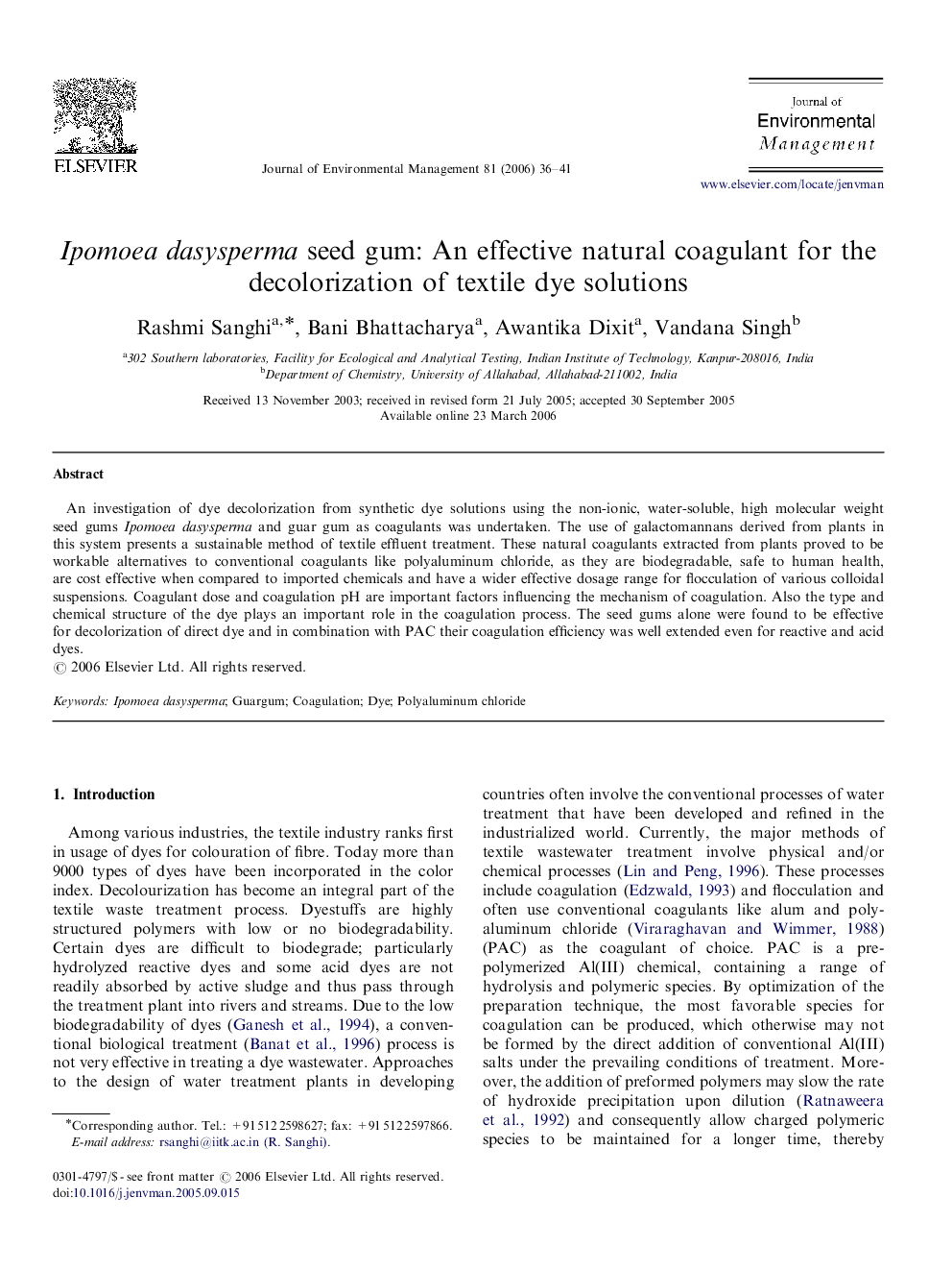 Ipomoea dasysperma seed gum: An effective natural coagulant for the decolorization of textile dye solutions