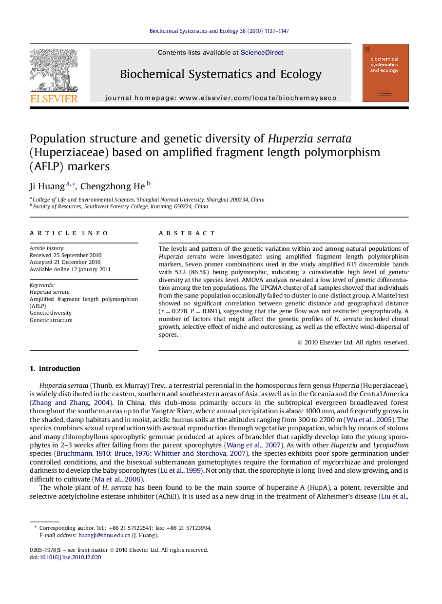 Population structure and genetic diversity of Huperzia serrata (Huperziaceae) based on amplified fragment length polymorphism (AFLP) markers