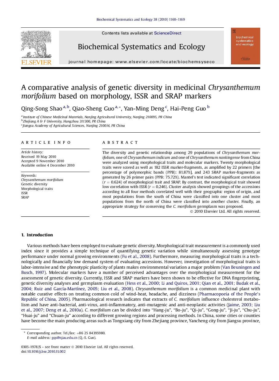 A comparative analysis of genetic diversity in medicinal Chrysanthemum morifolium based on morphology, ISSR and SRAP markers