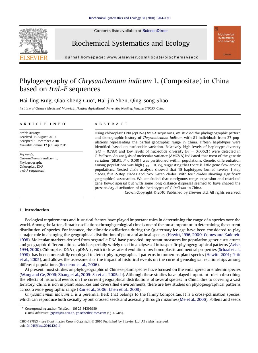 Phylogeography of Chrysanthemum indicum L. (Compositae) in China based on trnL-F sequences