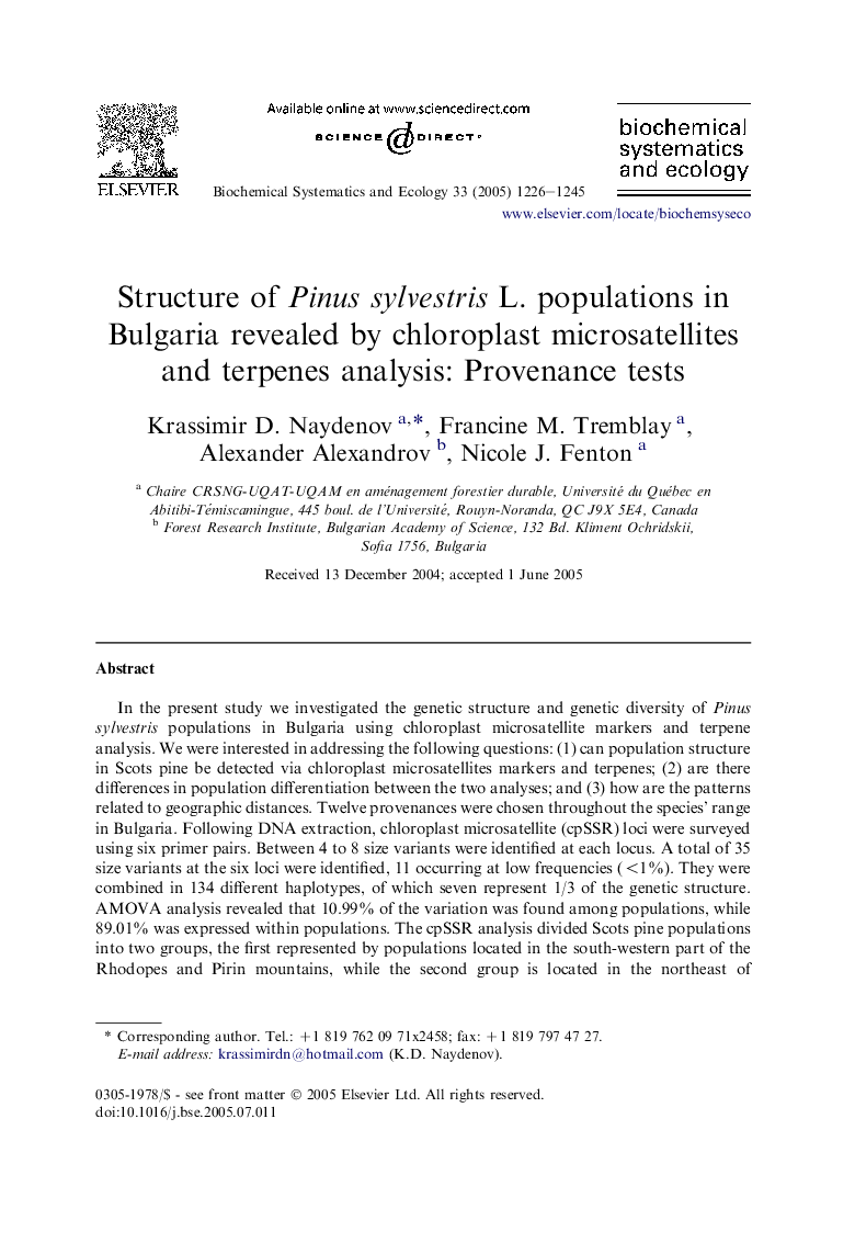 Structure of Pinus sylvestris L. populations in Bulgaria revealed by chloroplast microsatellites and terpenes analysis: Provenance tests