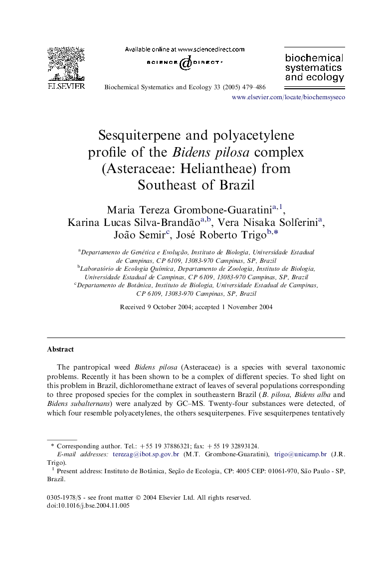 Sesquiterpene and polyacetylene profile of the Bidens pilosa complex (Asteraceae: Heliantheae) from Southeast of Brazil