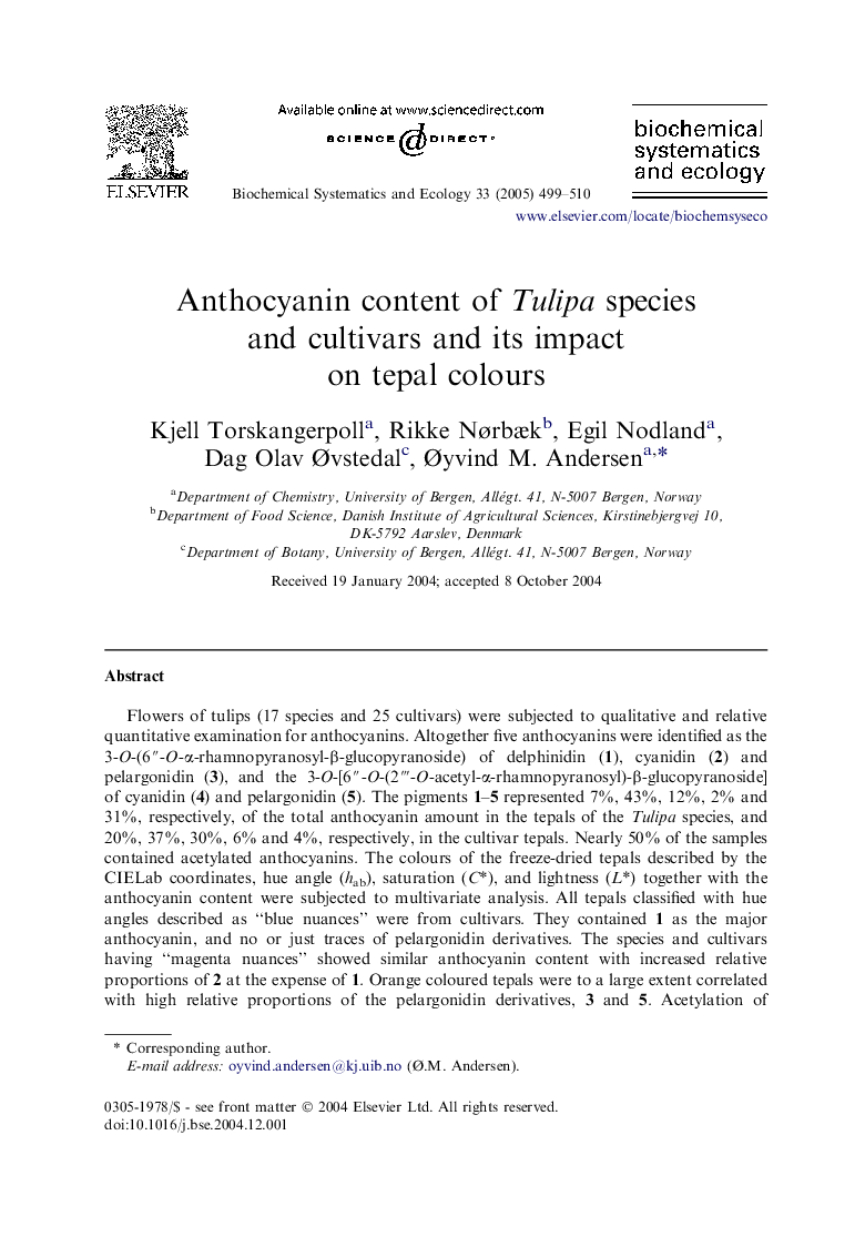 Anthocyanin content of Tulipa species and cultivars and its impact on tepal colours