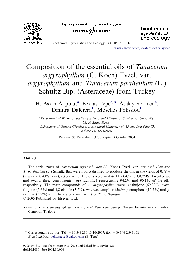 Composition of the essential oils of Tanacetum argyrophyllum (C. Koch) Tvzel. var. argyrophyllum and Tanacetum parthenium (L.) Schultz Bip. (Asteraceae) from Turkey