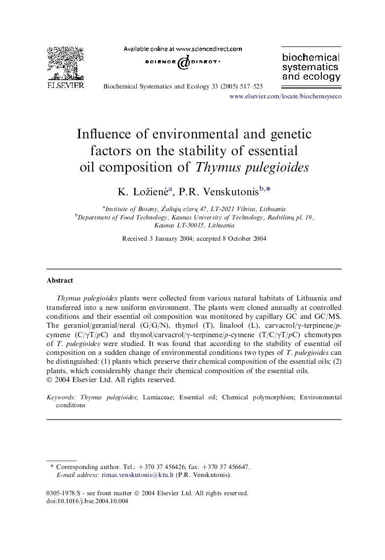 Influence of environmental and genetic factors on the stability of essential oil composition of Thymus pulegioides