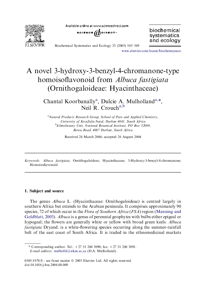 A novel 3-hydroxy-3-benzyl-4-chromanone-type homoisoflavonoid from Albuca fastigiata (Ornithogaloideae: Hyacinthaceae)
