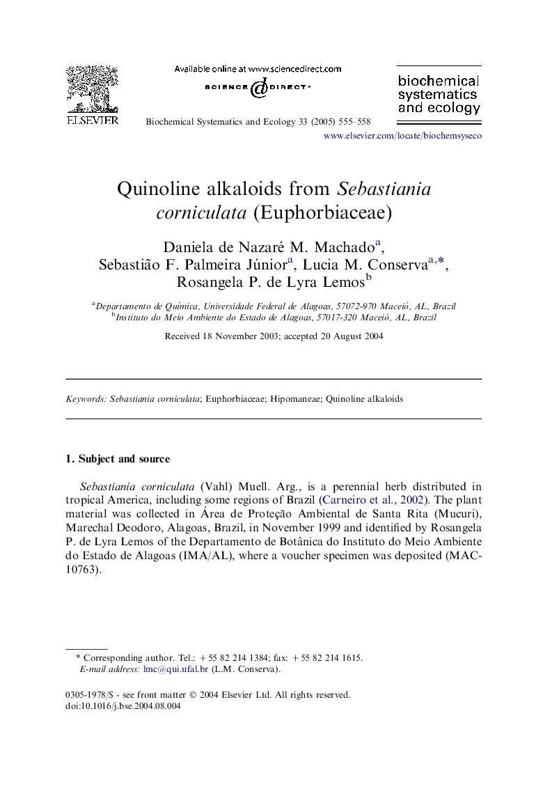 Quinoline alkaloids from Sebastiania corniculata (Euphorbiaceae)