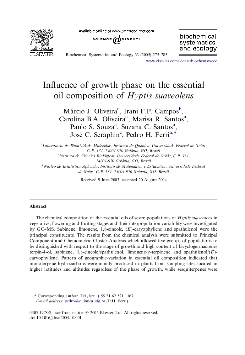 Influence of growth phase on the essential oil composition of Hyptis suaveolens