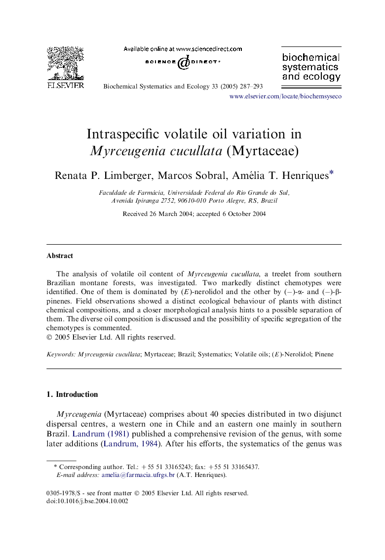 Intraspecific volatile oil variation in Myrceugenia cucullata (Myrtaceae)