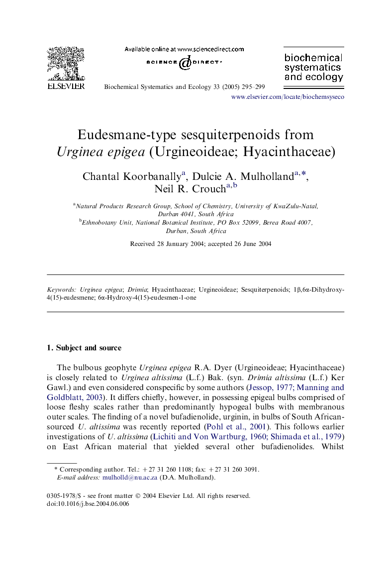 Eudesmane-type sesquiterpenoids from Urginea epigea (Urgineoideae; Hyacinthaceae)