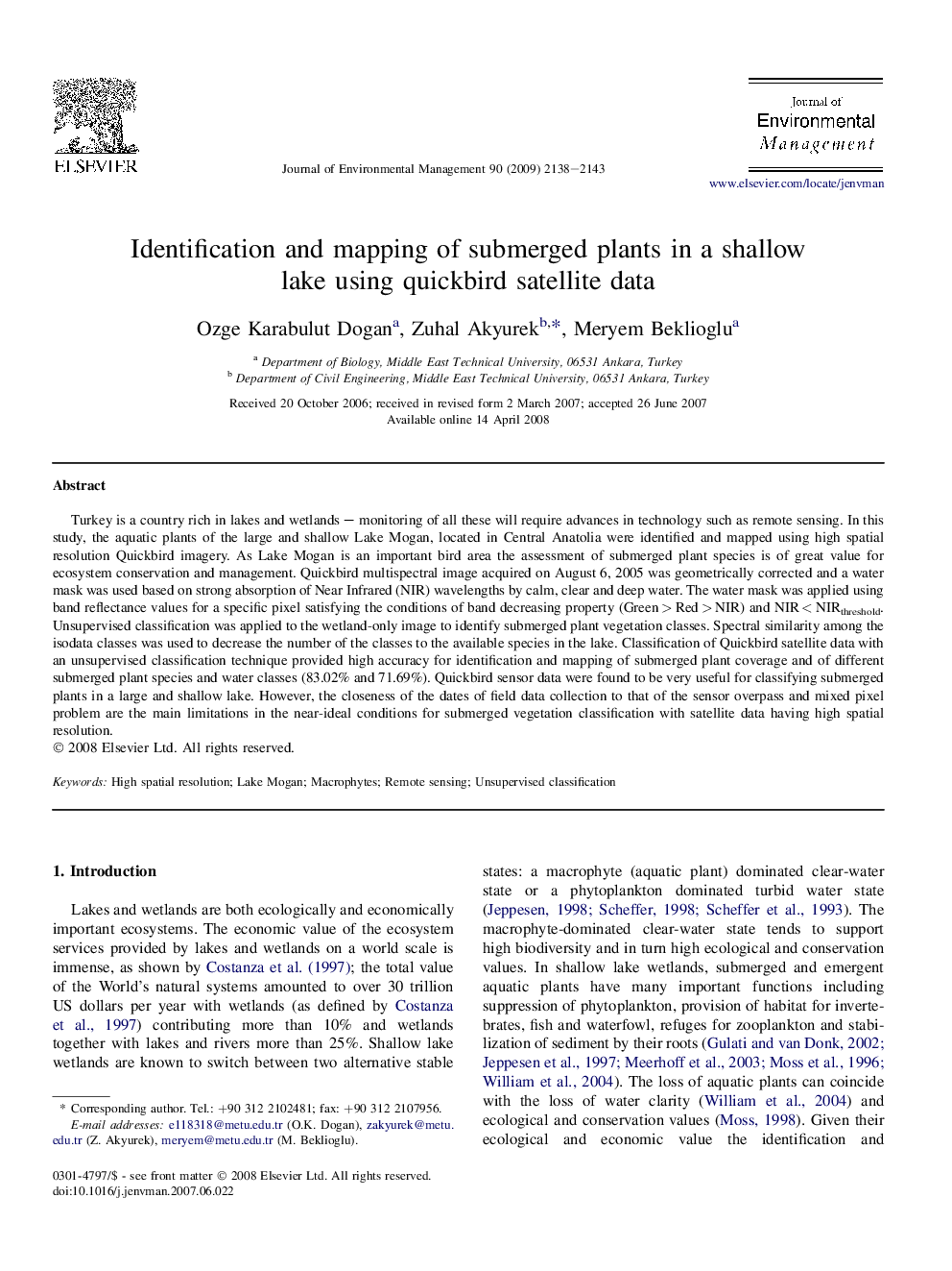 Identification and mapping of submerged plants in a shallow lake using quickbird satellite data